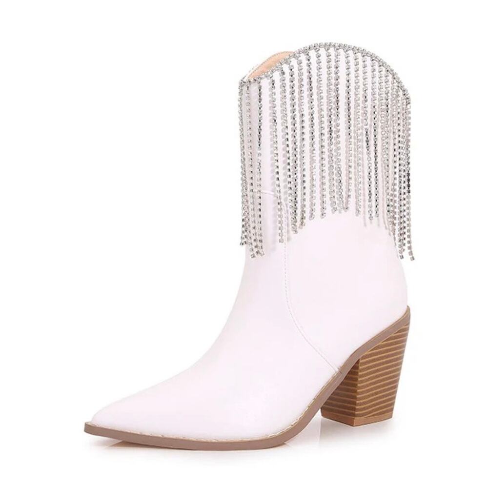Berness Cow Girl Boots Size 5.5 Pointed Toe Block Heel Rhinestone Fringe